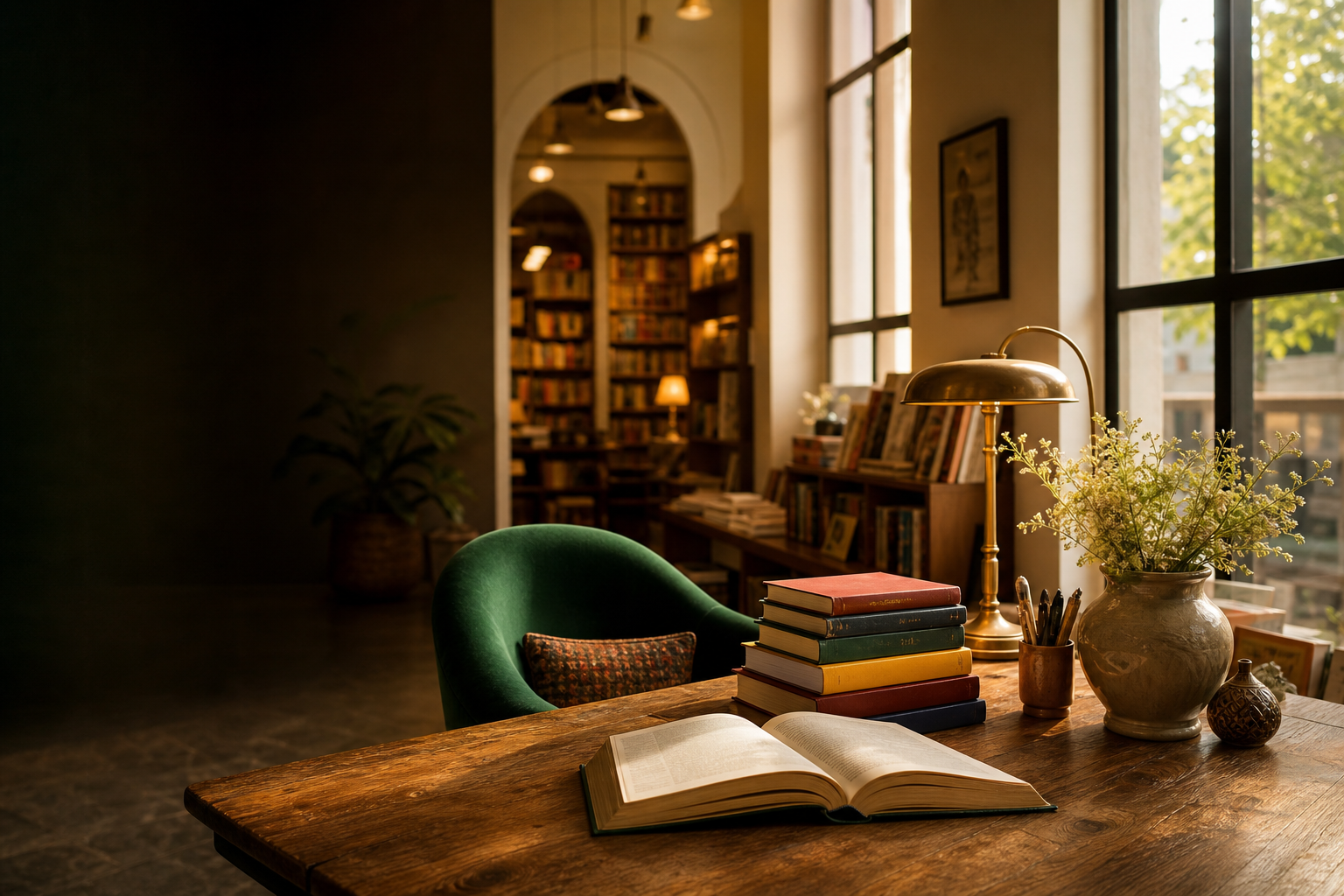 A warm, welcoming library with bookshelves and a reading table